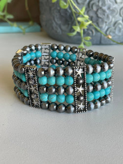 Antique Silver & Turquoise Beaded Stretch Bracelet w/Stars