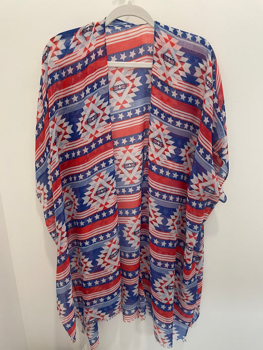 Red, White & Blue Aztec Stars Sheer OS Kimono