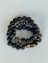 Black & Gold Large Set of 3 Stretch Beaded Bracelets