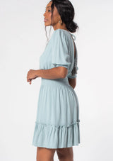 Austin Seafoam V-Neck Dress w/Taupe Embroidery Detail, Smocked Waist and Tie Back by Lovestitch