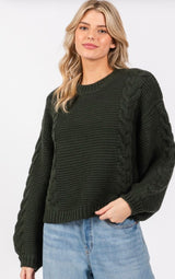 Hunter Green Cable Knit Crew Neck Pullover Sweater