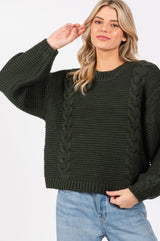 Hunter Green Cable Knit Crew Neck Pullover Sweater