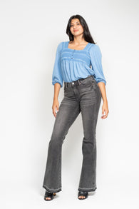 Judy Blue Gray Wash Mid Rise Tummy Control Flare Release Hem Jeans