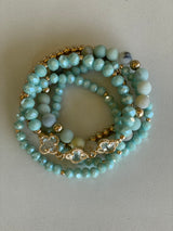 Turquoise & Gold Glass Clover and Beads Set of 5 Stretch Bracelets