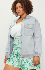 Chambray Light Denim Wash Plus Size Button Up Jacket w/Elastic Hem & Cuff