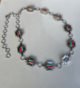 Sedona Silver Chain Belt w/Red & Turquoise Aztec Design