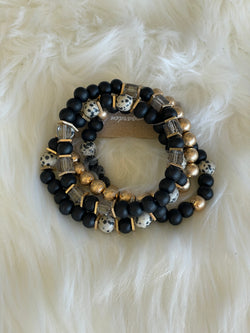 Black, Cream & Gold Set of 4 Stretch Beaded Bracelets