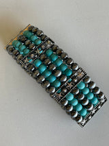 Antique Silver & Turquoise Beaded Stretch Bracelet w/Stars