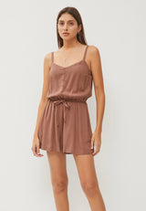 Brown Sugar Front Tie Short Tank Romper w/Adjustable Straps & Pockets