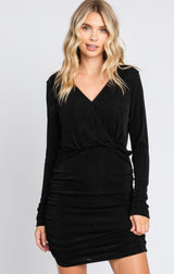 Black Long Sleeve Wrap V-Neck Fitted Dress