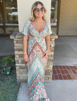 Boho Style Jade & Neutral V-Neck Maxi Dress by Lovestitch