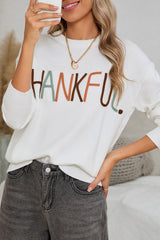 Thankful White Embroidered Colorful Print Sweater