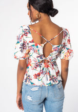 Oahu Tropical Flower Print 3/4 Puff Sleeve w/Criss Cross Open Tie Back Top