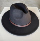 Black Short Flat Brim Fedora Hat w/Brown Strap & Adjustable Sizing