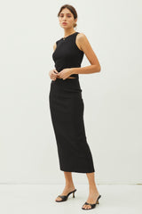 Black High Rise Pencil Midi Skirt with Back Slit & Elastic Waistband