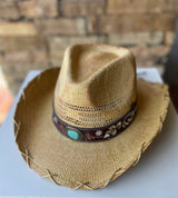 Annabelle Natural Cowgirl Hat w/Floral Design, Turquoise Stone and Gold Rope Trim by CC Brand