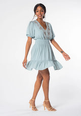 Austin Seafoam V-Neck Dress w/Taupe Embroidery Detail, Smocked Waist and Tie Back by Lovestitch