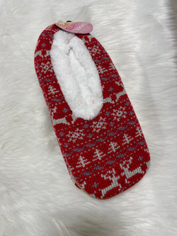 Red Winter Reindeer Cozy OS Slipper Socks w/Grips