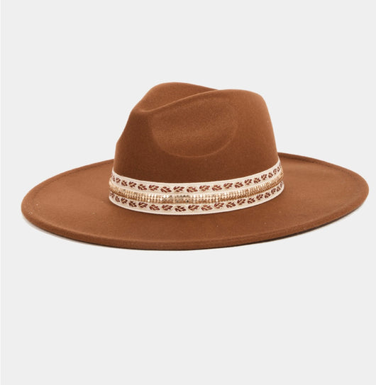 Brown Fedora Hat w/Cream & Gold Sequins Band and Adjustable Fit