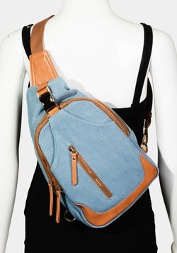 Denim & Brown Trim Details Sling Backpack w/Multi Pockets