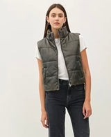 Charcoal Faux Leather Puffer Vest w/Zipper & Pockets