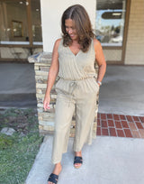 Olive Tencel Tank Jumper w/Drawstring Waist & Pockets