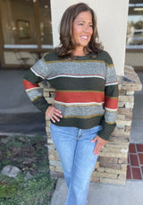 Olive, Rust & Mustard Stripe Colorblock Sweater