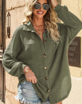 Olive Green Waffle Knit Button Down Top w/Front Pocket