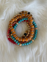 Turquoise, Red & Gold Set of 5 Stretch Beaded Bracelets