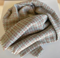 Mint & Pink Houndstooth Soft Rectangle Scarf w/Frayed Edge