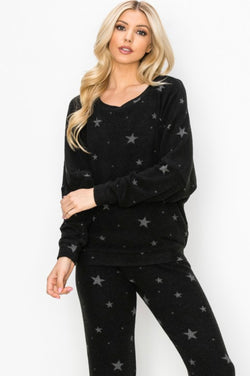 Star Print Super Soft Black Long Sleeve Loungewear Sweater Top