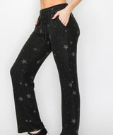 Star Print Super Soft Black Loungewear Straight Leg Pants w/Elastic Tie Waist