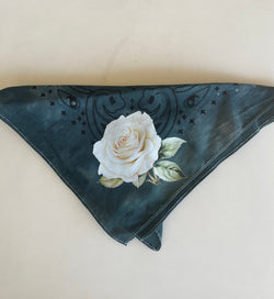 Dark Teal Bleach Dyed Custom Bandana w/Rose Design