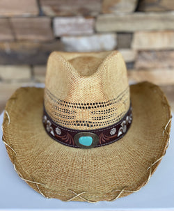 Annabelle Natural Cowgirl Hat w/Floral Design, Turquoise Stone and Gold Rope Trim by CC Brand