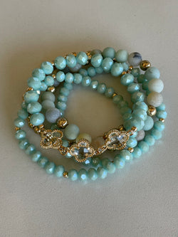 Turquoise & Gold Glass Clover and Beads Set of 5 Stretch Bracelets