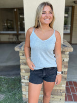 Dusty Blue Long V-Neck Knit Tank Top