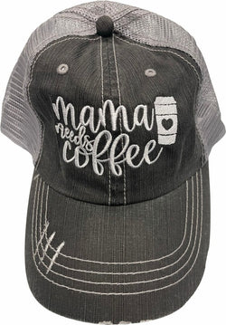 Mama Needs Coffee Embroidered Gray Trucker Hat W/Adjustable Velcro Fit