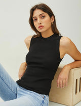 Black Ribbed Round Neck Knit Tank Top