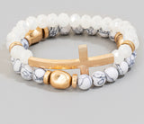 White Natural Stone & Gold Beads w/Cross Set of 2 Stretch Bracelets