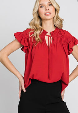 Red Ruffle Blouse w/Open or Tie Neckline