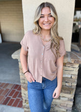 Taupe Relaxed Button Down Short Sleeve Top w/Front Pocket