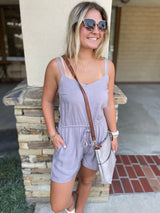 Earth Gray Front Tie Short Jumper w/Adjustable Straps & Pockets