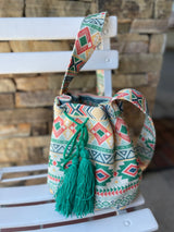 Aztec Green & Coral Bucket Bag w/Cinch Tassel Drawstring