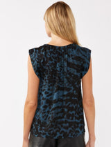 Midnight Blue & Black Print Split Neck W/Tie Sleeveless Top by Lovestitch