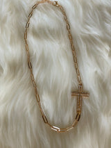 Stunning Gold & Rhinestone Chain Link Sideways Cross Necklace