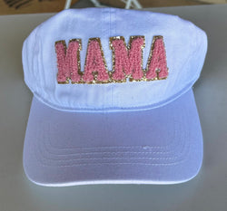 Chenille Puffy Pink & Gold Mama White Trucker Hat w/Adjustable Fit