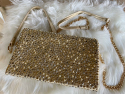 Sparkly Gold Rhinestone Crossbody Purse w/Gold Chain & Leather Strap and Removable Short Strap