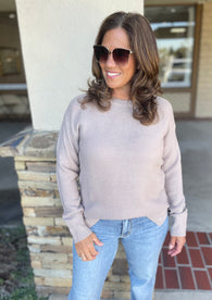 Greige Boyfriend Fit Waffle Texture Sweater Top w/Ribbed Cuff