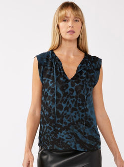 Midnight Blue & Black Print Split Neck W/Tie Sleeveless Top by Lovestitch