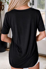 Jet Black V-Neck Front Pocket Round Hem Short Sleeve Top